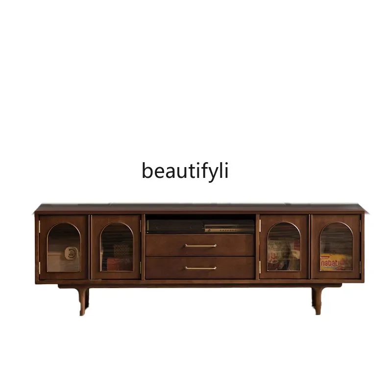 

V American Light Luxury Solid Wood TV Cabinet Small Apartment Living Room Floor Cabinet Retro Arch Audiovisual Cabinet