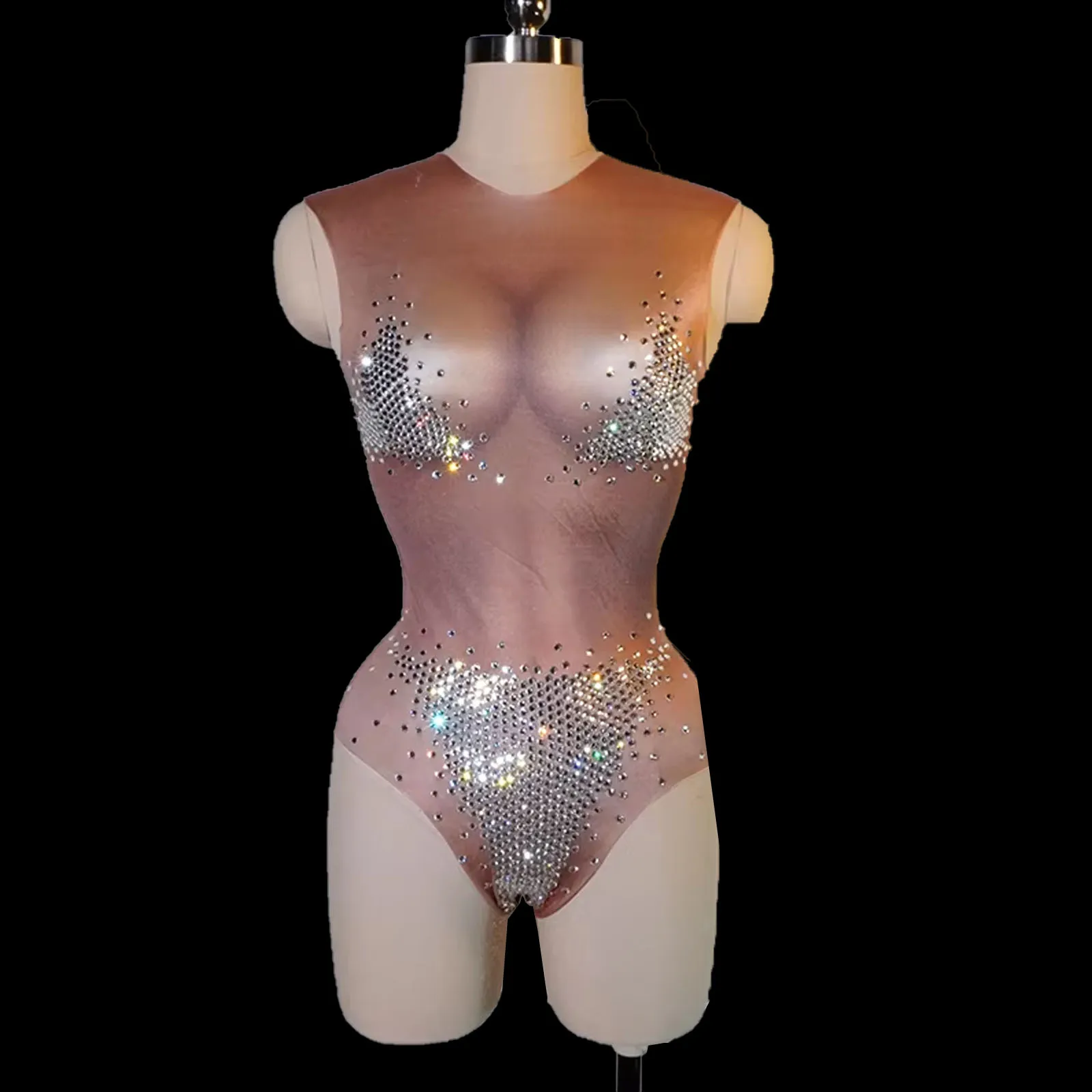 

glitter rhinestones Skin color bodysuit for sexy bar night DJ DS leotard women performance festival stage pole dance team wear