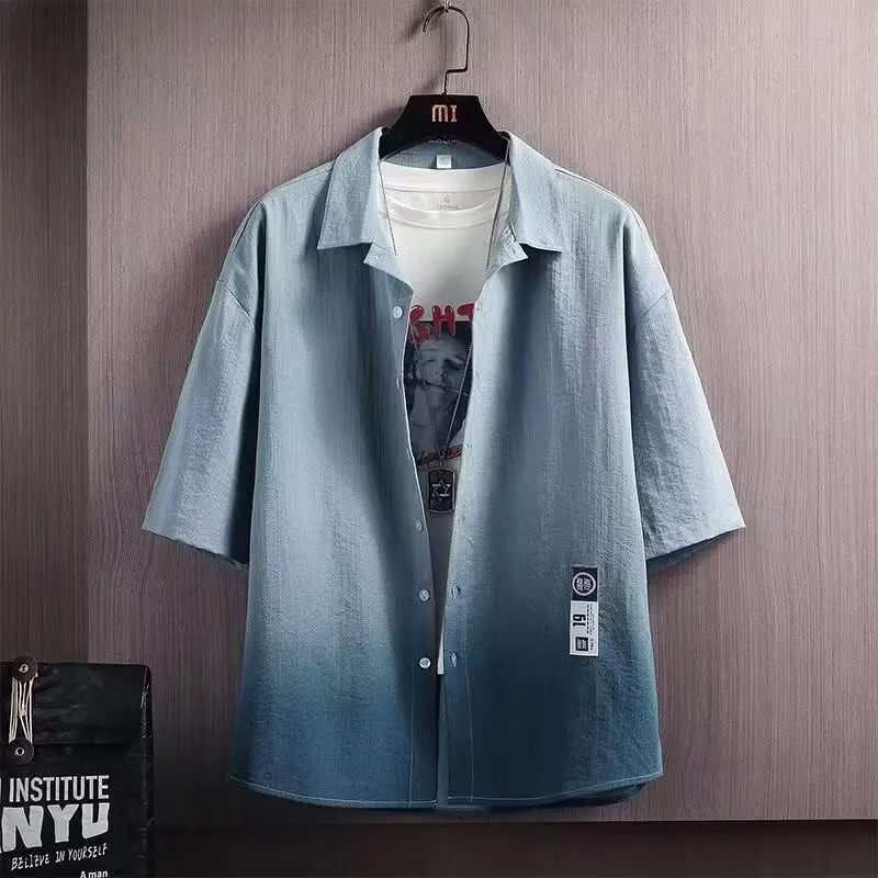 

aduated Color Seven-Quarter Sve Loose Fit Summer Thin Ice Silk f Sve irt for Men Casual Sle Polyester Fiber