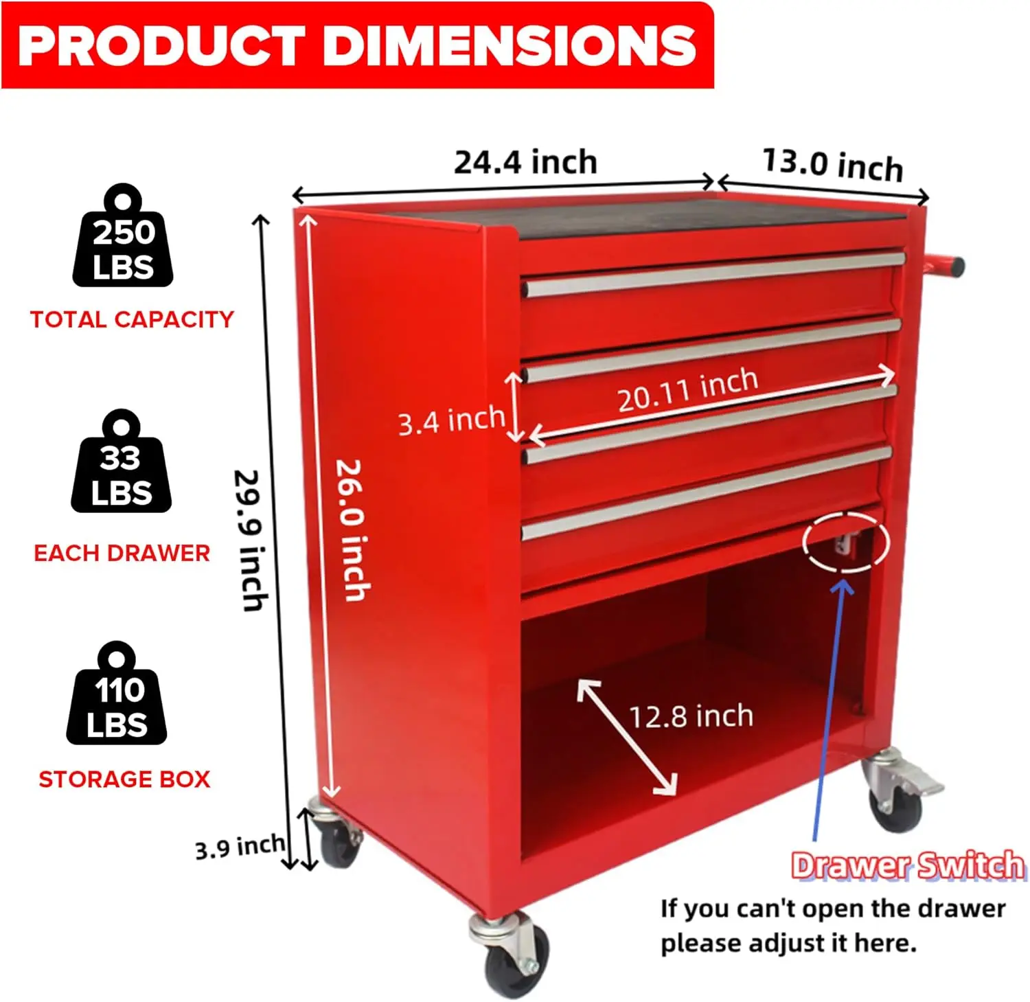 4段引き出し付きローリングツールカート（車輪付き）、トロリーオーガナイザー、ツールケース、ツールチェスト、多機能ツール収納ツールボックス（作業場用）