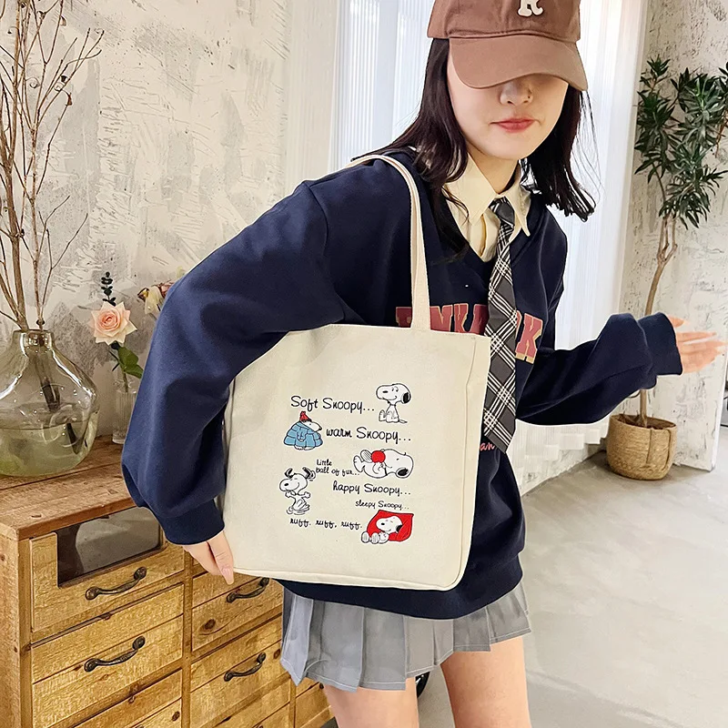 MINISO Disney Series Snoopy Canvas Bag Printed Cartoon Shoulder Bag Large Capacity Handbag Zipper Casual Tote Bag