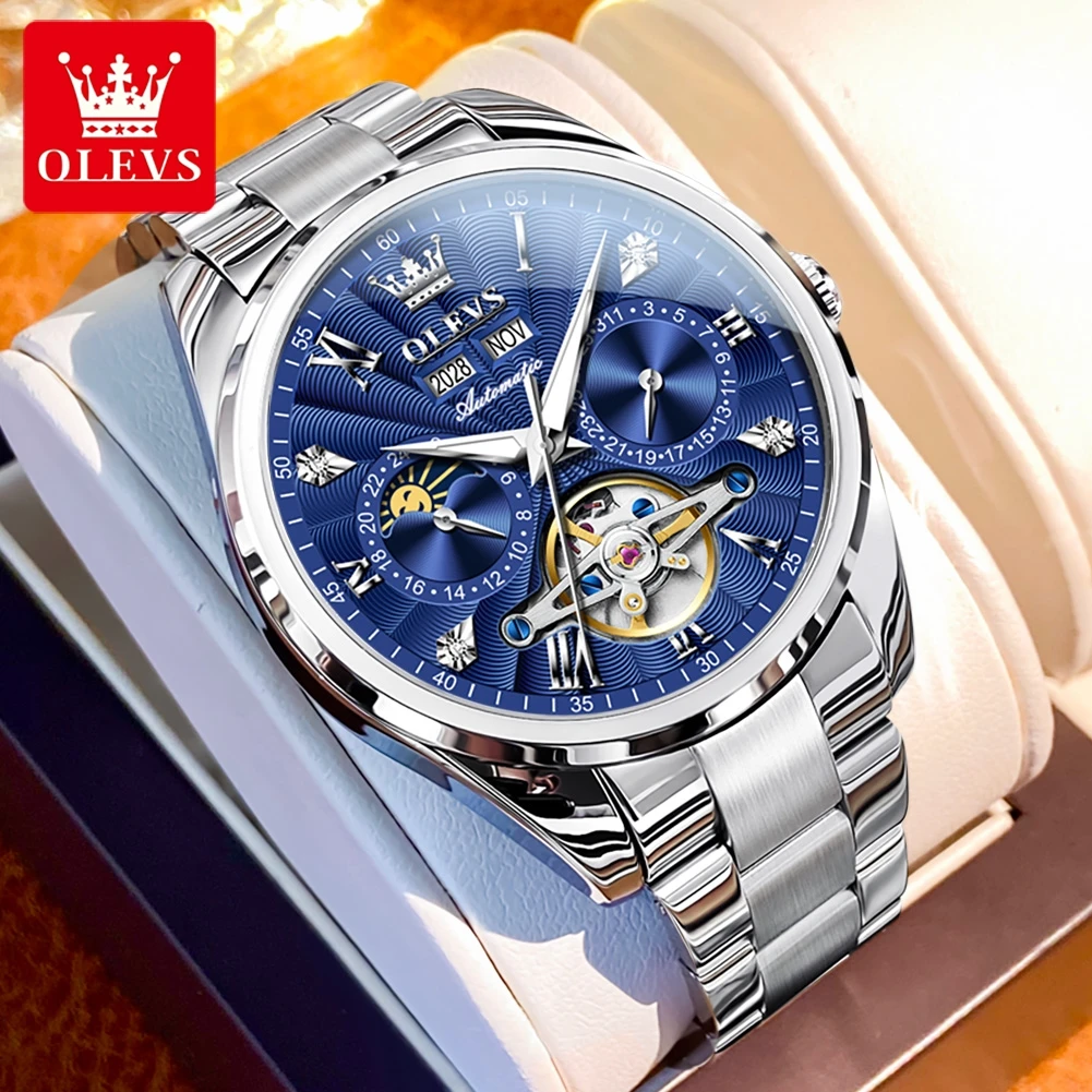 OLEVS Automatic Men's Watches Skeleton Hollow Out Flyweel Mechanical Wristwatches 24 Hour Moon Phase Multifunction Man Watch New