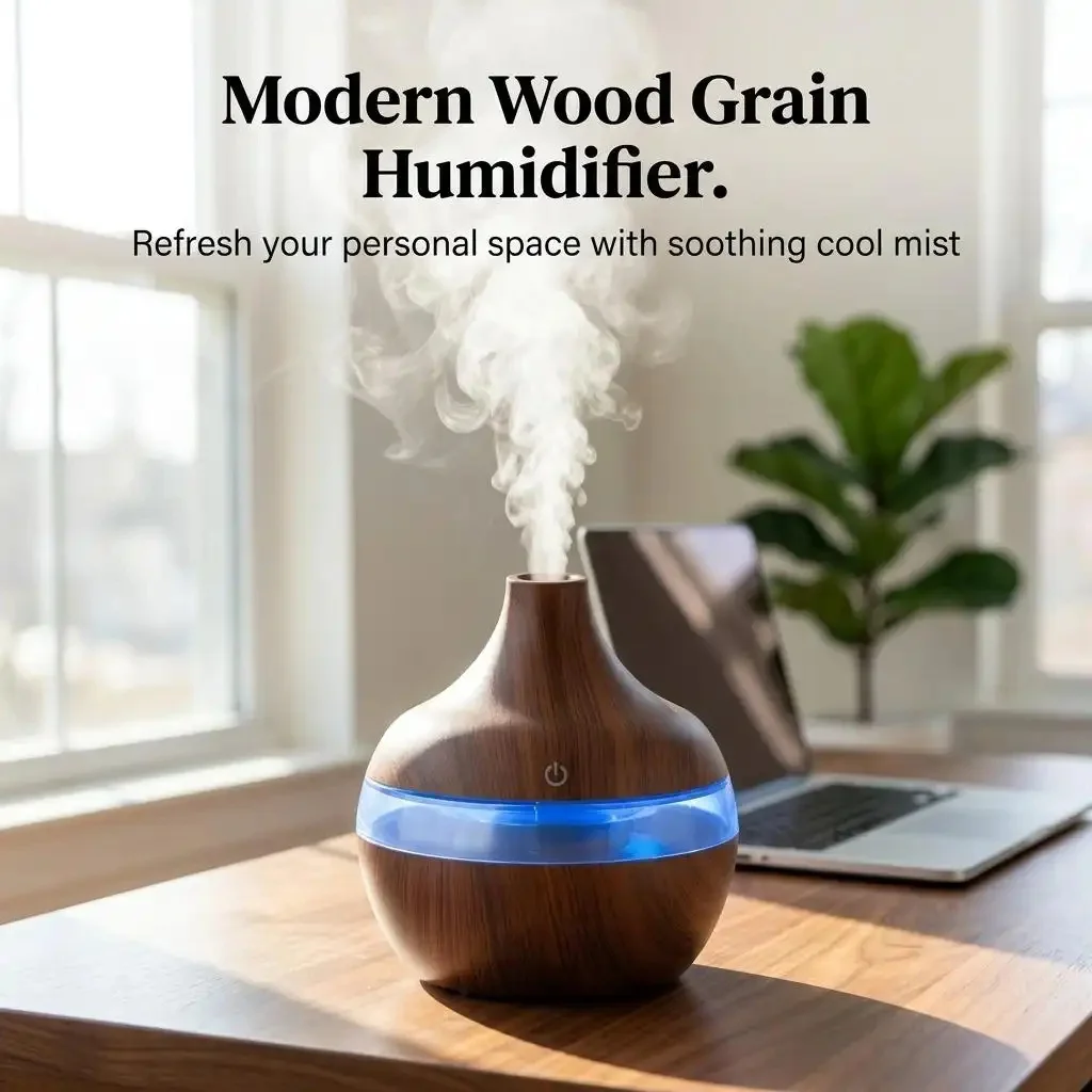 HONSUN Humidifier for Bedroom, 300ml Essential Oil Diffuser with 7-Color LED Night Light, Dark Wood Grain Ultrasonic Cool Mist Humidifier, Portable USB Desktop Aroma Humidifier with 4-Hour Auto Shut-Off, Compact Size for Home Office Spa