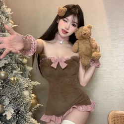 Cute Plush Backless Little Bear Dress Cosplay Costume Maid Uniform Sexy Bow Nightdress Role Play Underwear Lingerie Outfits Girl