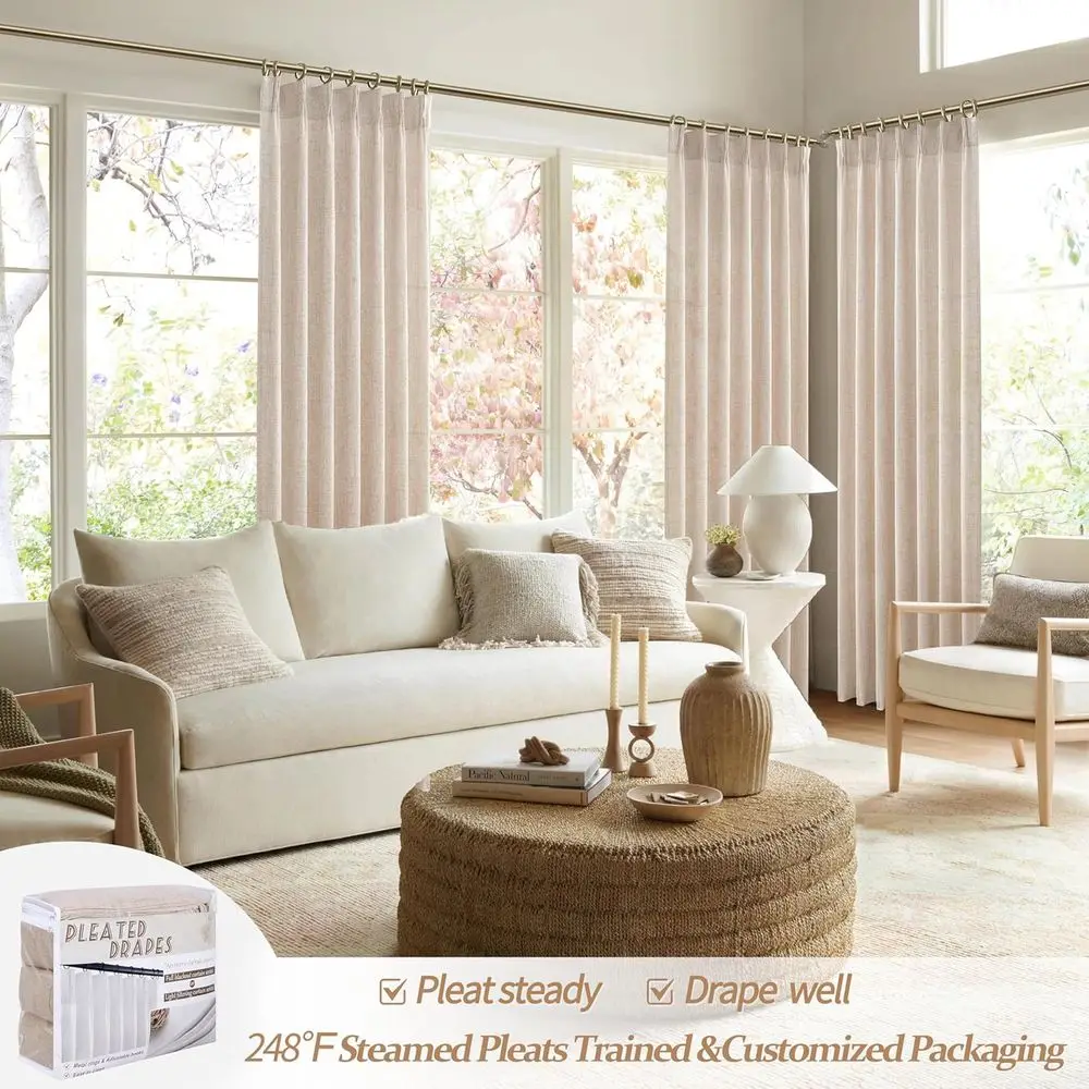 ستائر بطيات من الكتان، 102 للنوافذ الكبيرة، تصفية الضوء، بيج رملي، W40 x L102