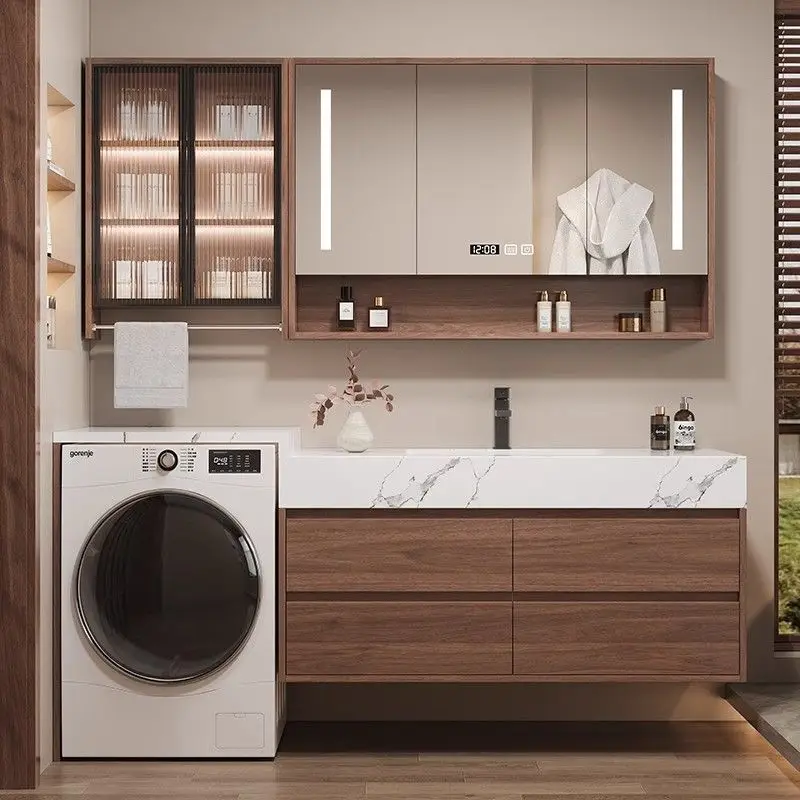 

Washbasin cabinet bathroom balcony washing machine integrated slate seamless basin cabinet combination washbasin hot curved