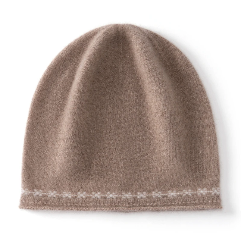 KOIJINSKY 100% Pure Cashmere Knit Beanie Subtle Pattern Trim Straight Cut Soft Warm Winter Slouch Hat for Women