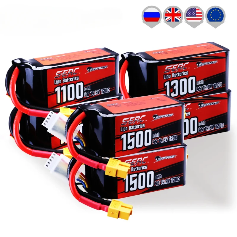 2packs  14.8V 4S Lipo Battery1100mAh 1300mAh 1500mAh 120C Soft Pack with XT60 Plug for RC FPV Quadcopter Drone Airplane