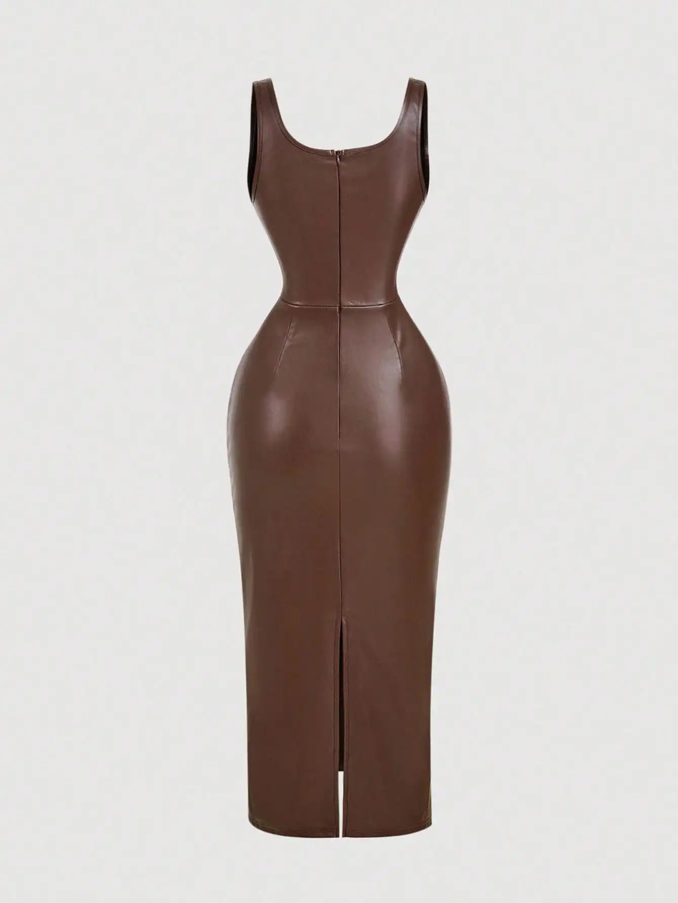 Abito midi aderente con scollo quadrato in pelle PU marrone per serate eleganti, cocktail e abiti da sposa