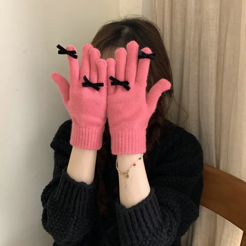 Bow Decorate Touch Screen Knitted Gloves Winter Women Gloves Warm Gloves Solid Fluffy Work Gloves Harajuku Mittens For Women