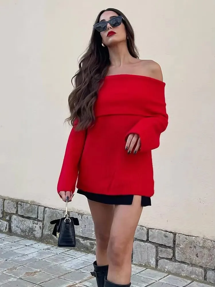 HH, suéter liso a la moda con hombros descubiertos, Jersey de punto de manga larga, suéter de otoño para mujer, prendas de punto informales, Top elegante