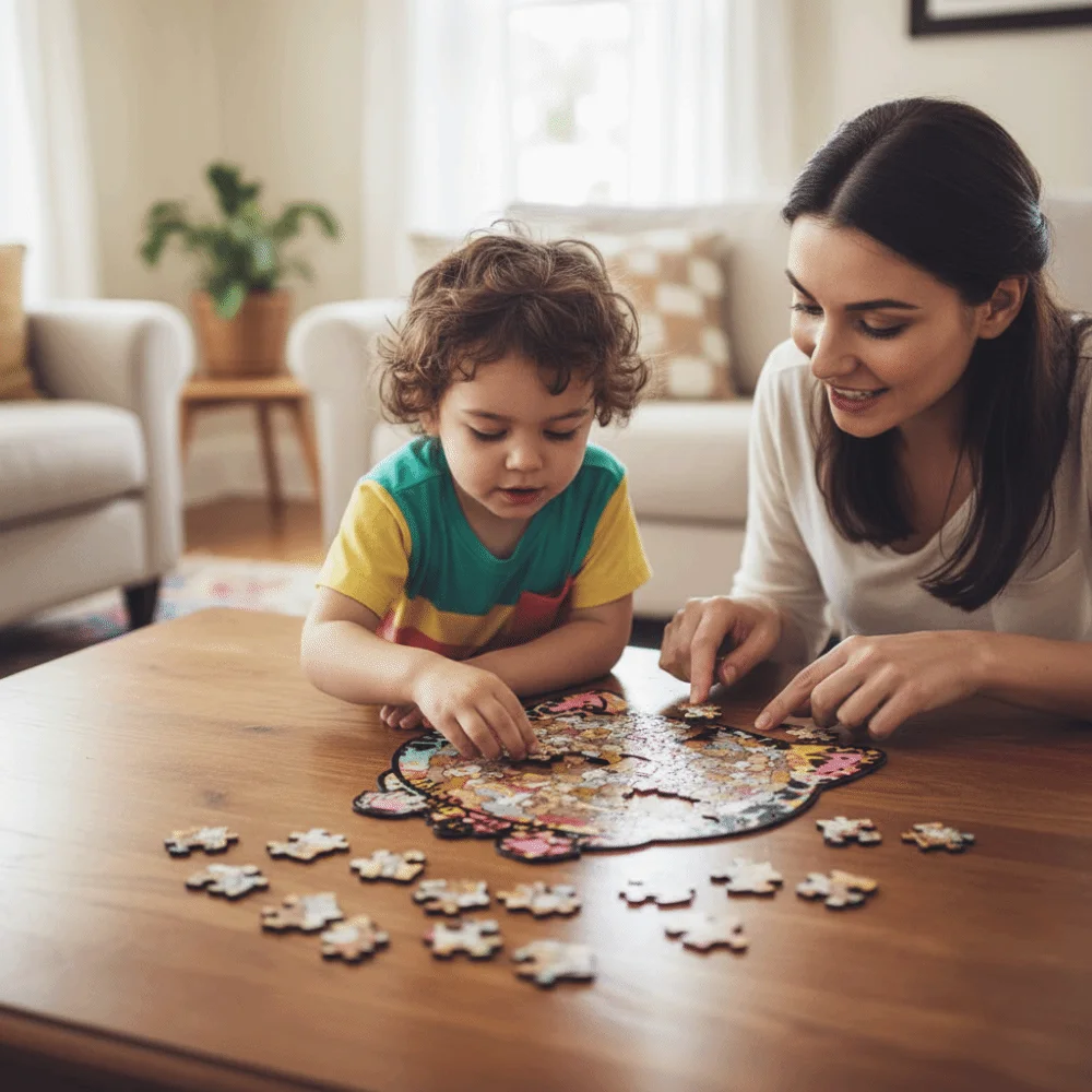 Puzzle z kotem, układanka z motywem kota, nieregularne puzzle, uroczy kotek, puzzle ze zwierzętami, drewniane puzzle w kształcie kota, kolorowe drewniane puzzle
