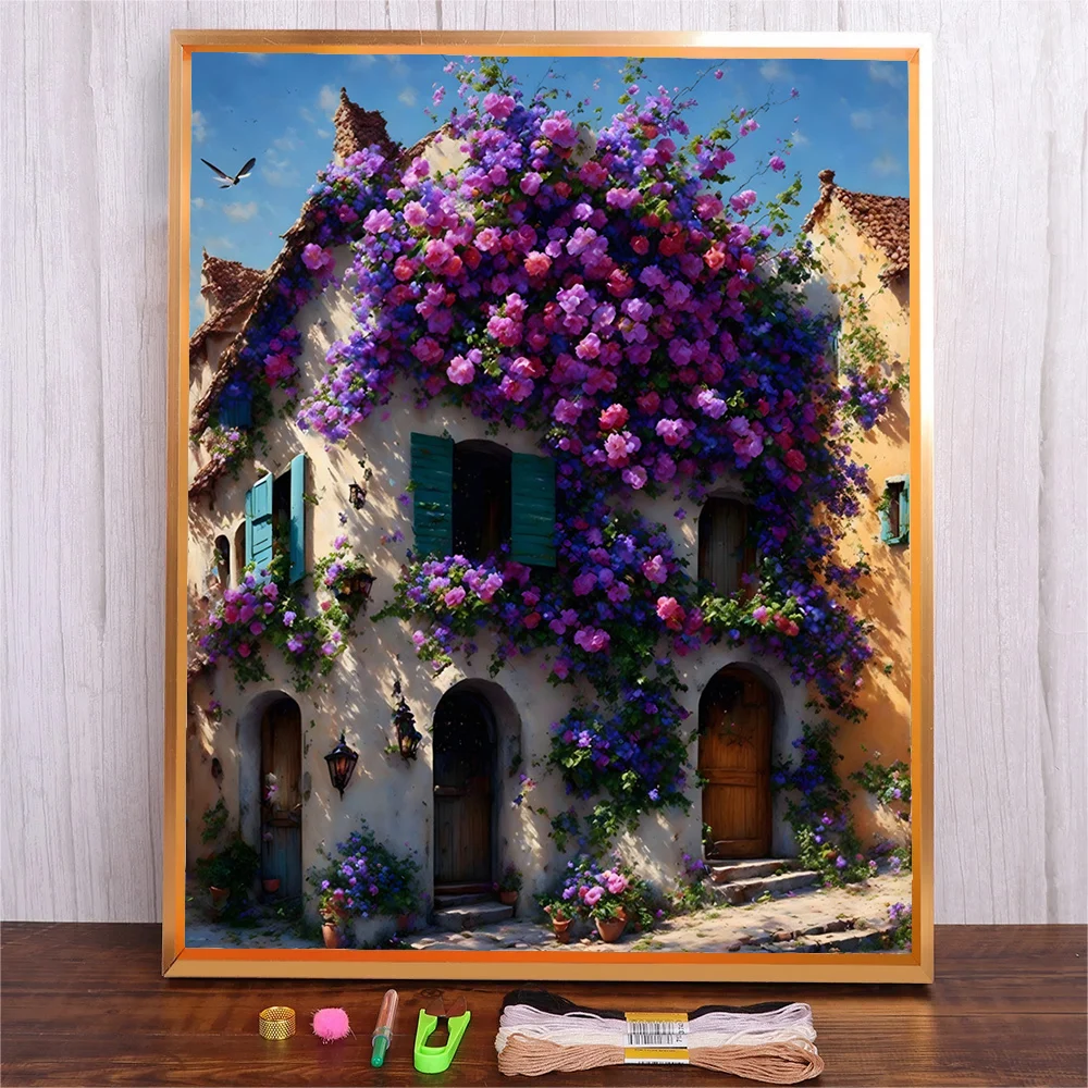 

DIY Embroidery Kits Flower House Printed 11CT/14CT Cross Stitch Cotton Threads Wall Art Adults Handicraft Knitting Needle Gift