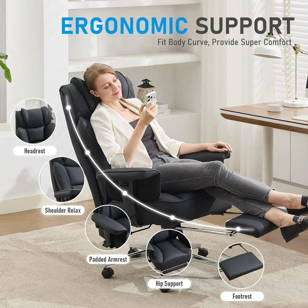 Big and Tall Oice Chair, Ergonomic Leather Reclining Chair with ootrest, High-Back Comy Executive Computer Desk Chairs with Lumb view 3