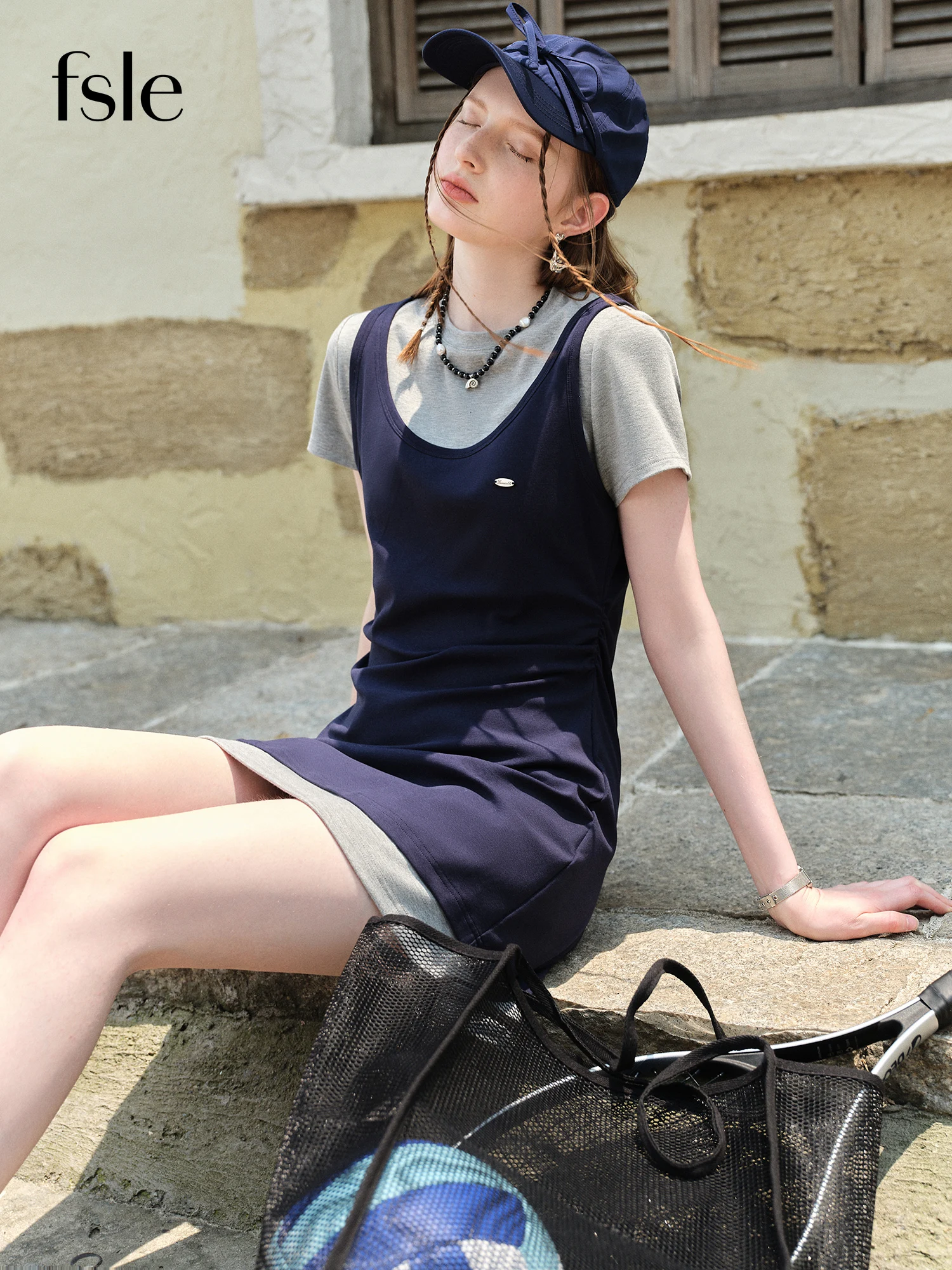 FSLE College Style Navy Blue Contrast Color Stitching Fake Two-piece Dress Female Summer 2025 New Style Dress 25FS12835