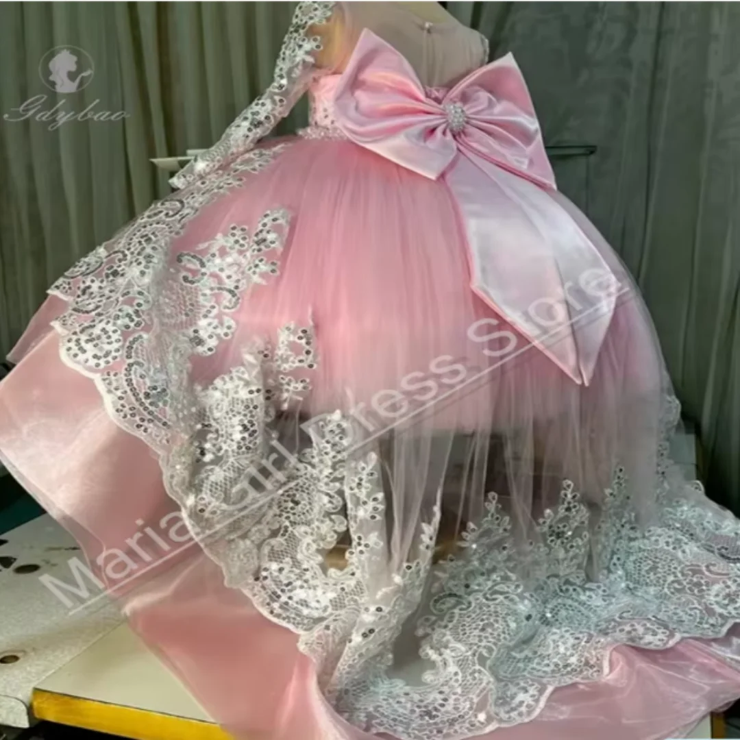 Adorable Flower Girl Dress with Sequin Floral Appliqués Long Sleeves with a Bow Suitable for Weddings Birthday Parties