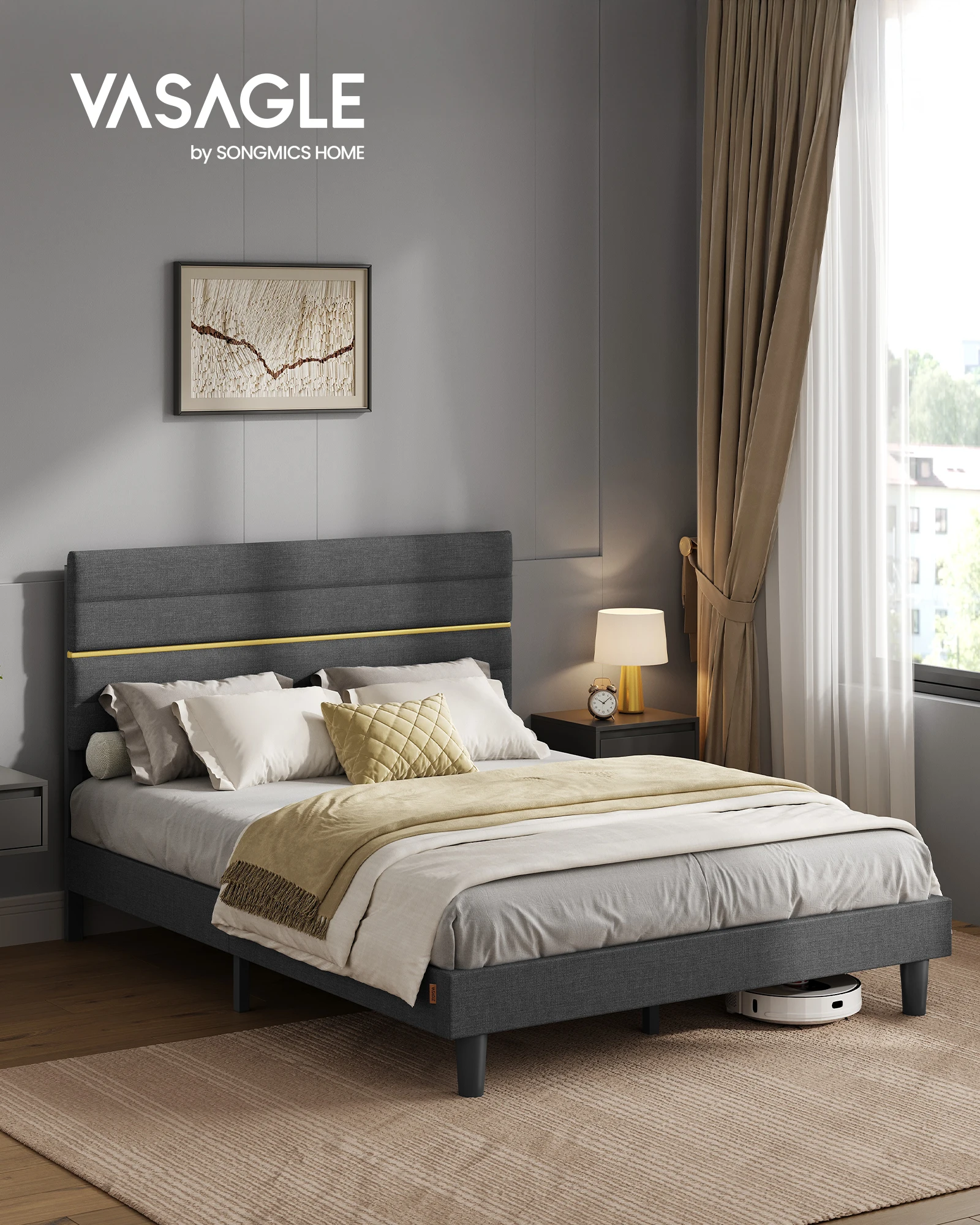 Lit Double, Cadre de Lit, Convient pour Un Matelas de 140 x 190 cm, Tête de Lit Rembourrée Ajustable, en Métal, Bois Massif, Moderne, Gris Ardoise/Beige Cappuccino