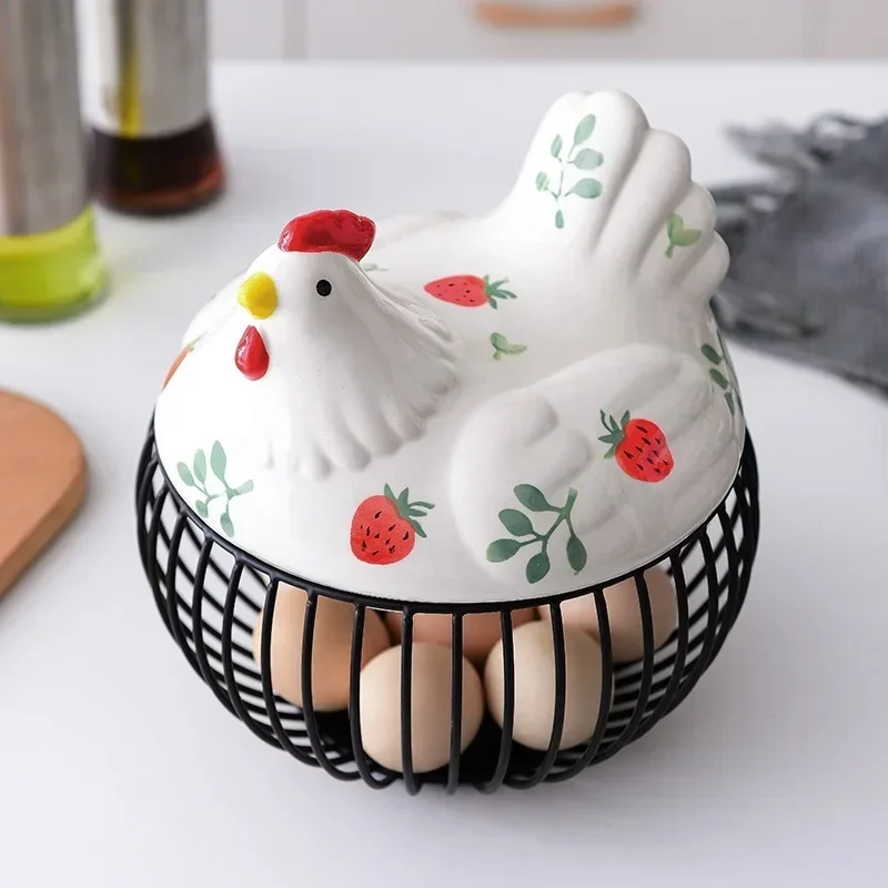 Storage Box Kitchen Ceramic Hen Storage Decorative Accessories Ceramic Iron Egg Basket Fruit Basket Garlic Potato Sundries