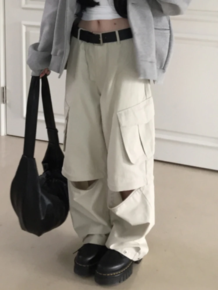 Amyway Casual Loose ket Design Workwear Pants Simple Spor Detachable Street Sle Commute Vintage Straight Leg Seven-Foot