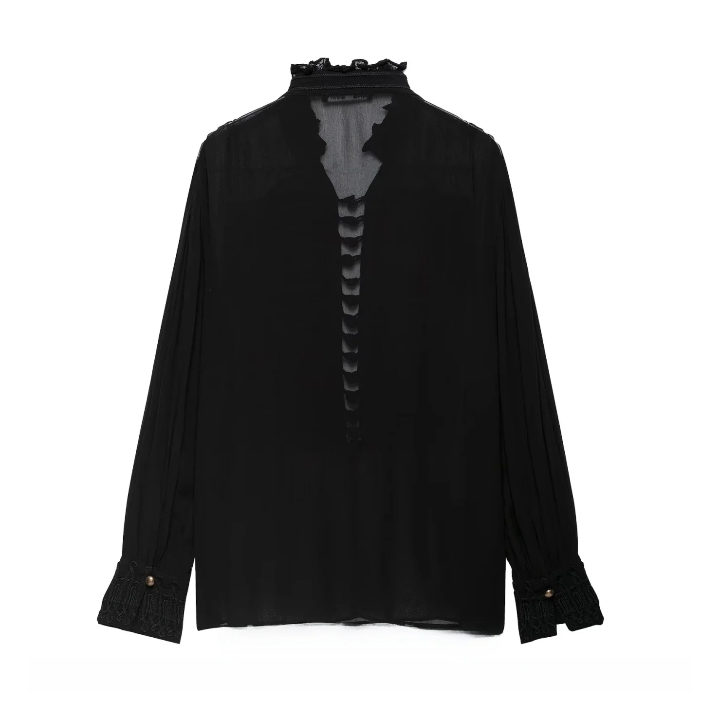 New 2026 Autumn Women's Fashion Napoleon round Neck Long Sleeve Rope Knot Decor Semi-Transparent Chiffon Shirt Loose Fit Shirt