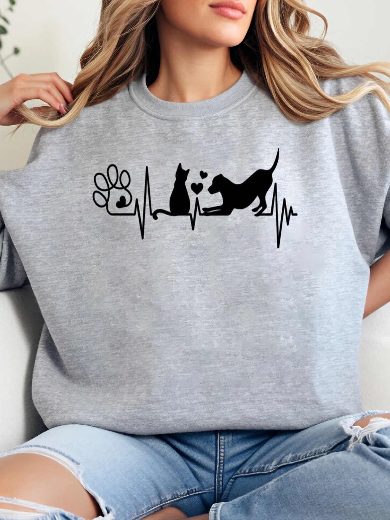 القط الكلب باو طباعة نبضات القلب تصميم هالوين المتضخم Crewneck البلوز المرأة لباس غير رسمي حجم كبير