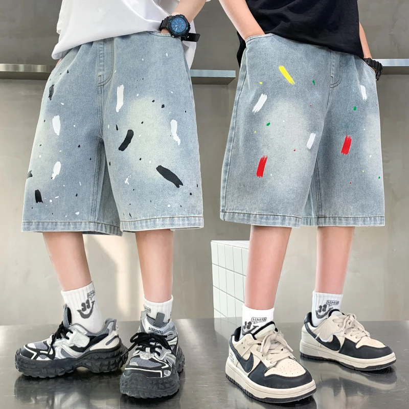 

New Kids Designer Knee-Length Printed Denim Shorts with Drawings for Children Boy Loose Casual Capris Jeans 4 5 7 9 11 13 14 Y