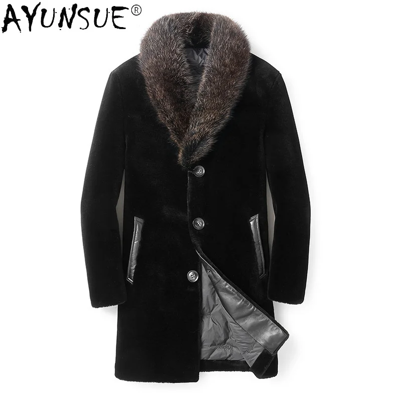 AYUNSUE Winter Warm Real Fur Coat Men 100% Wool Natrual Raccoon Collar Jacket Down Coats Clothes Chaquetas Hombre WPY4095