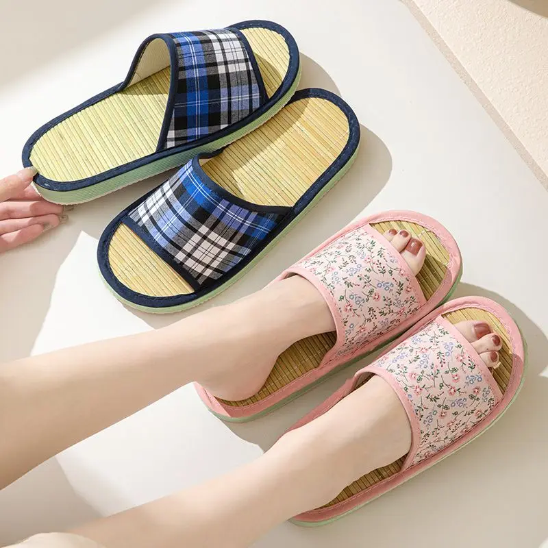 Summer Slippers Home Bamboo Mat Bottom Sandals Floor Shoes for Women Rattan Grass EVA Bottom Elastic Slides zapatos de mujer