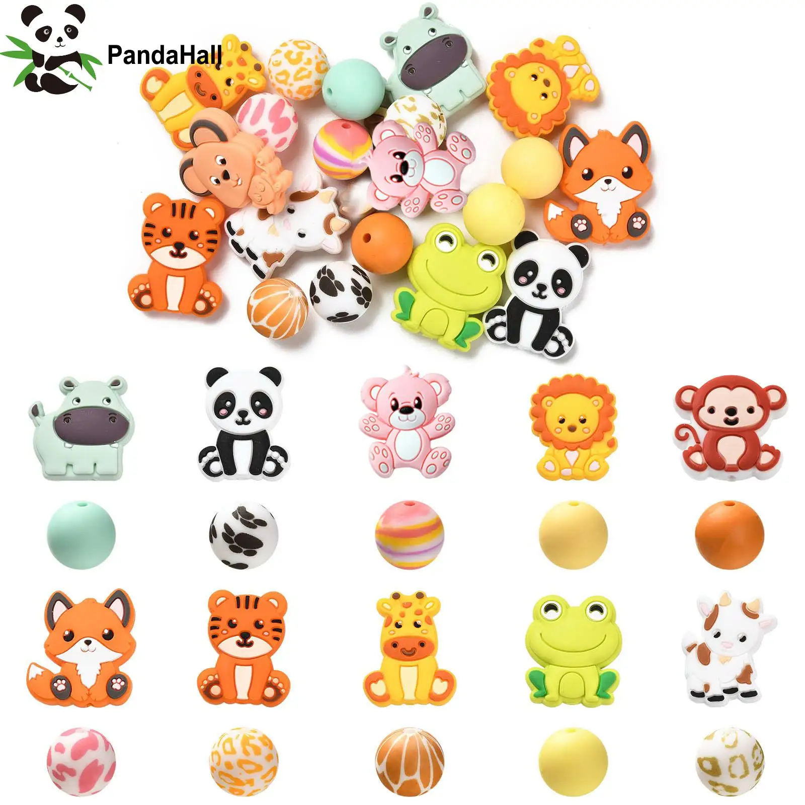 PandaHall 20 Stück Gemischte Stile Zoo-Tier Silikonperlen Frosch Tiger Tierdruckmuster Weiche Lose Perlen für Schmuckherstellung – Detail 1