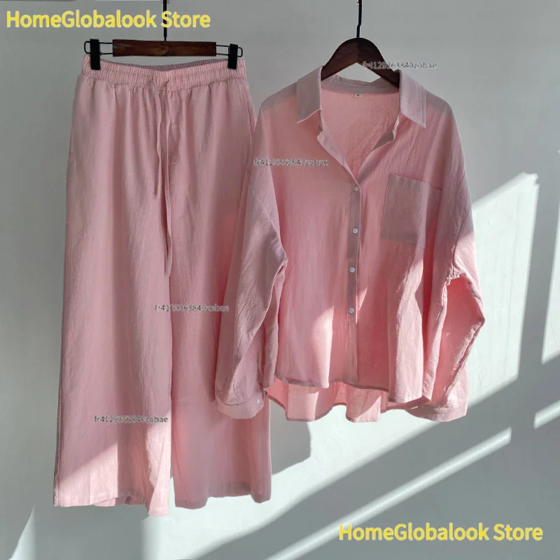 Nuovo completo da donna per la primavera e l'autunno, taglia grande, composto da due pezzi in cotone e lino: camicia a maniche lunghe con colletto e pantaloni a gamba larga, modello ampio e