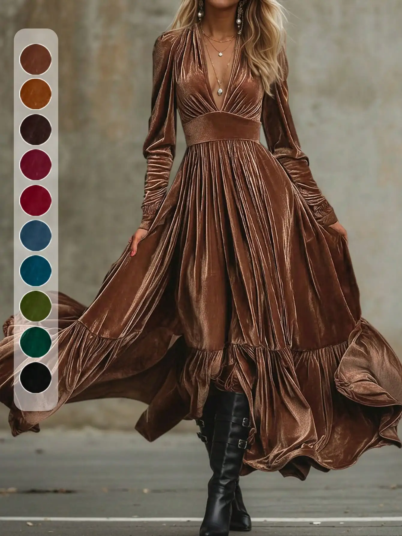 

Women's Velvet Maxi Dress with Deep V-Neck, Long Sleeves, Pleated Skirt, Elegant Party Dress