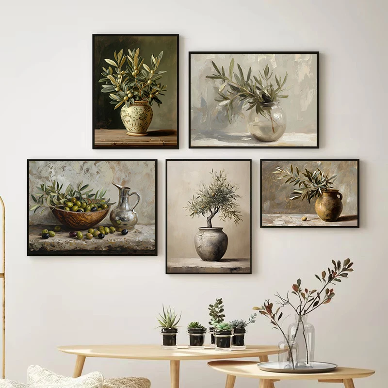 Antique Vase Italy Olive Tree Green Leaves Botanical Still Life Oil Painting On Canvas Poster Wall Art Pictures Home Decor