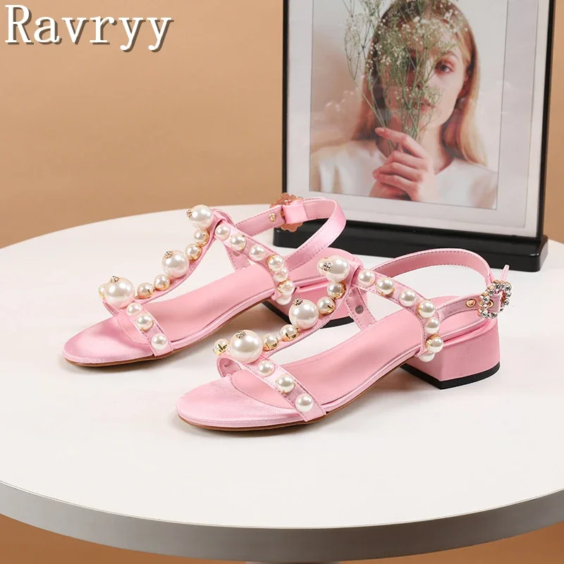 

Grils Sweet Pink Pearl Decor Sandals Luxury Design Rhinestone Buckle Open Toe Thick Heel Shoes Women Wedding Banquet Sandals