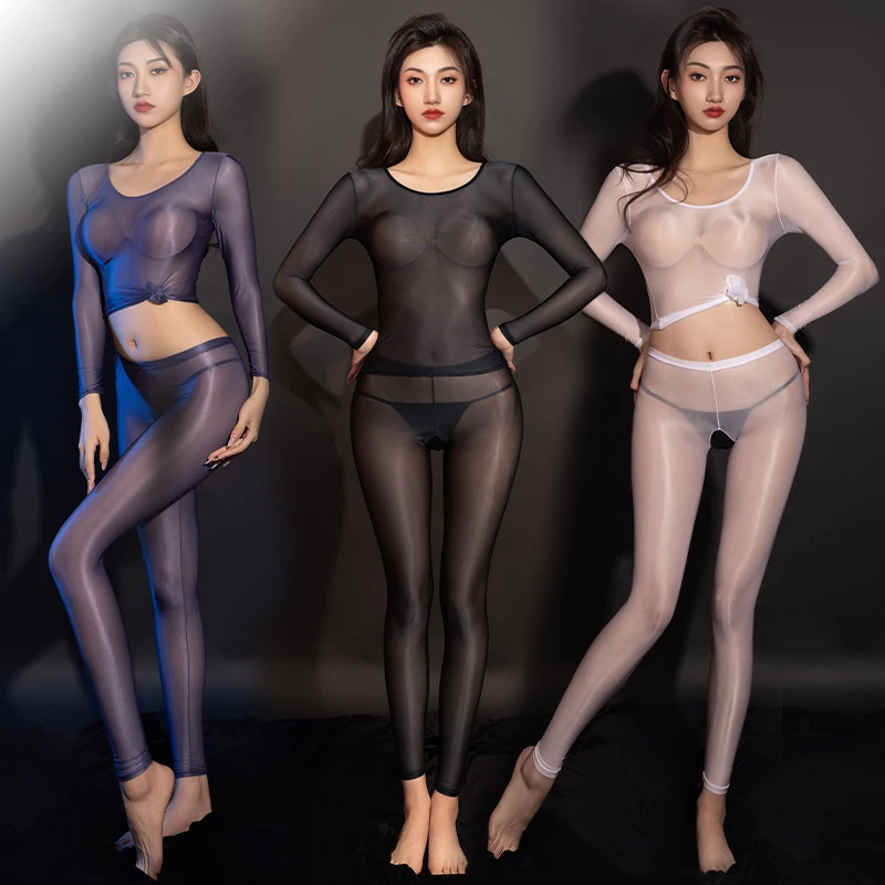 Sheer Mesh Tops Women Sexy Open Crotch Pants Oil Shiny Glossy Erotic Apparel Transparent Ultra Thin Long Sleeve T Shirt Trousers