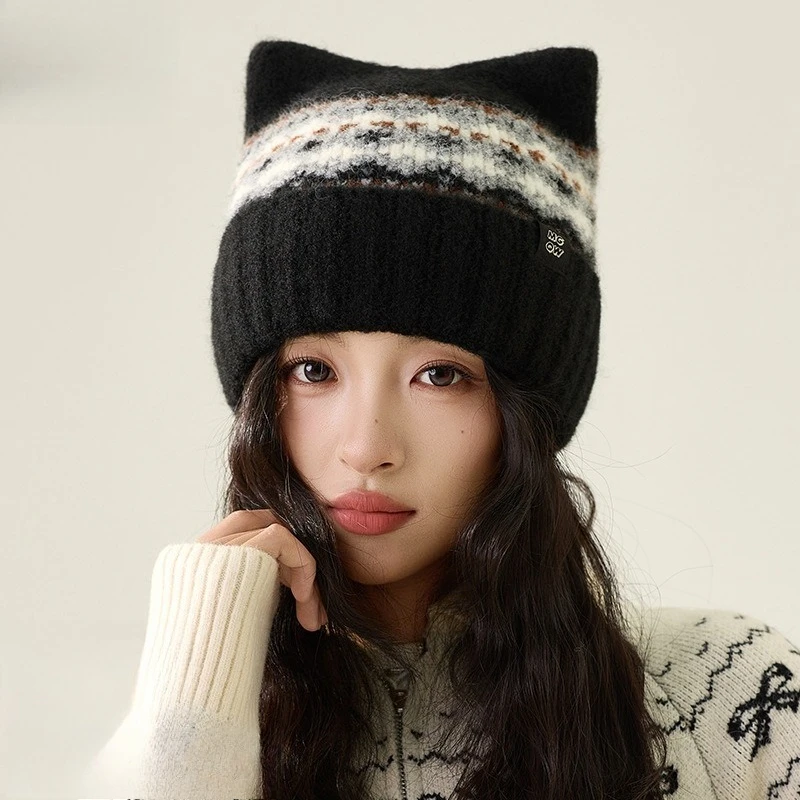 Korean Jacquard Cat Ear Knitted Hat Women's Autumn and Winter Cute Versatile Warm Wool Hat Fleece Ear Protector Pullover Hat