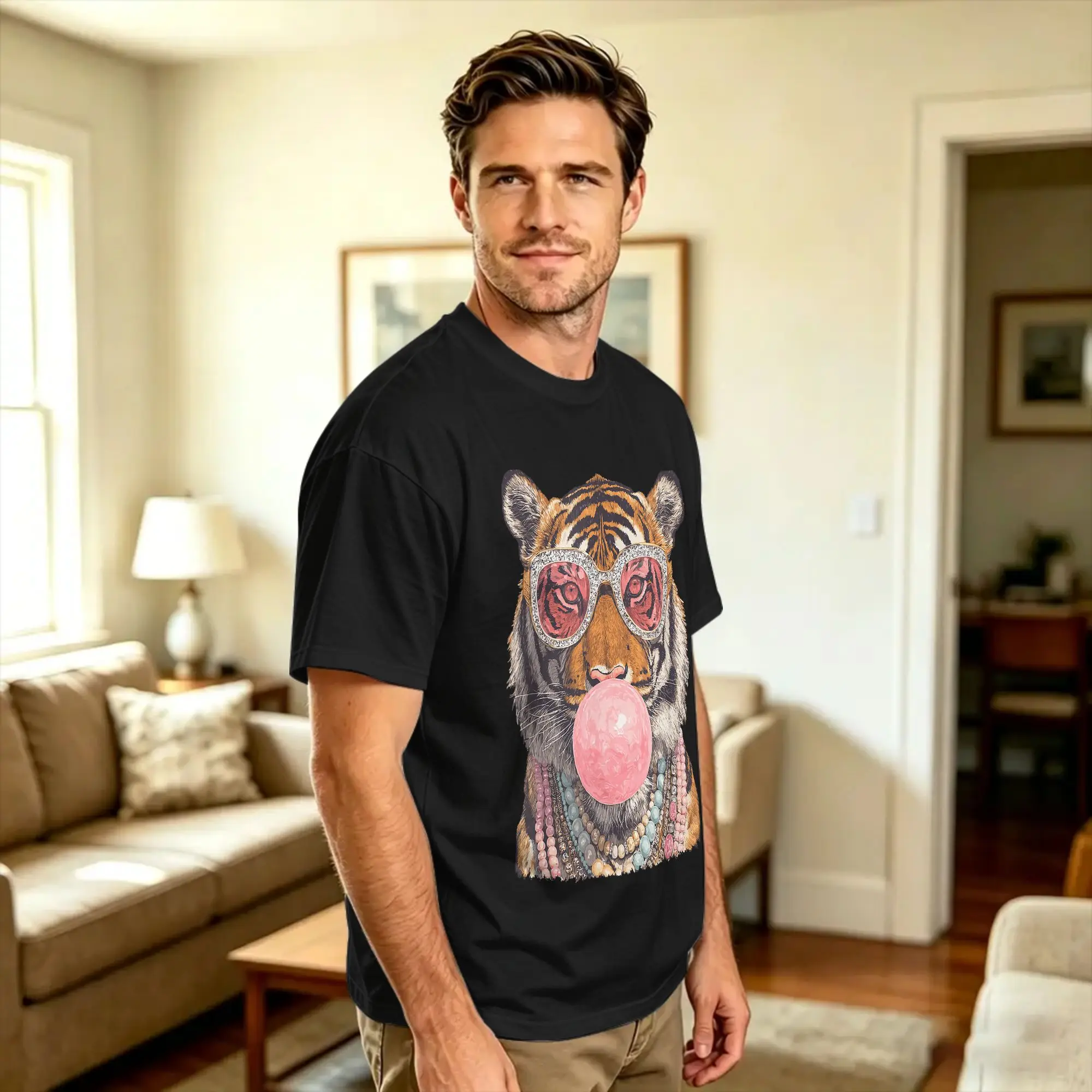 Glam Tiger with Sunglasses Boujee Animal Bubblegum Graphic T-Shirt Summer  Streetwear T-Shirts Cotton Trending Tshirt For Men