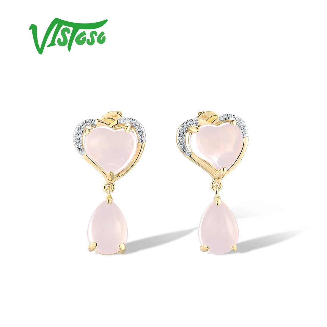 

VISTOSO 14K 585 Yellow Gold Earrings For Women Sparkling Diamonds Pink Quartz Romantic Sweet Heart Birthday Gifts Fine Jewelry