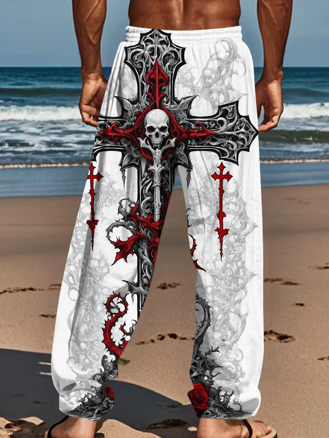 Unisex Straight-Leg Jogginghose mit Gothic-Kreuz-Tribal-Print, Y2K Punk Hip Hop Streetwear, Alltags-Outdoor-Modehose – Detail 6