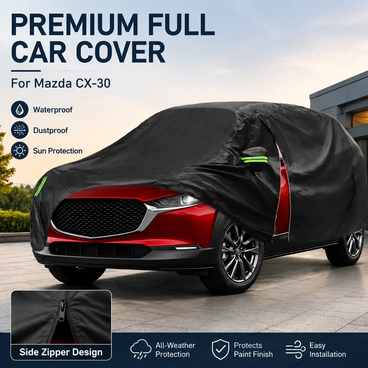 Waterproof Dustproof Sun Protection Outdoor Full Car Cover Side Zipper Design For Mazda CX-30 Auto Exterior Accessory