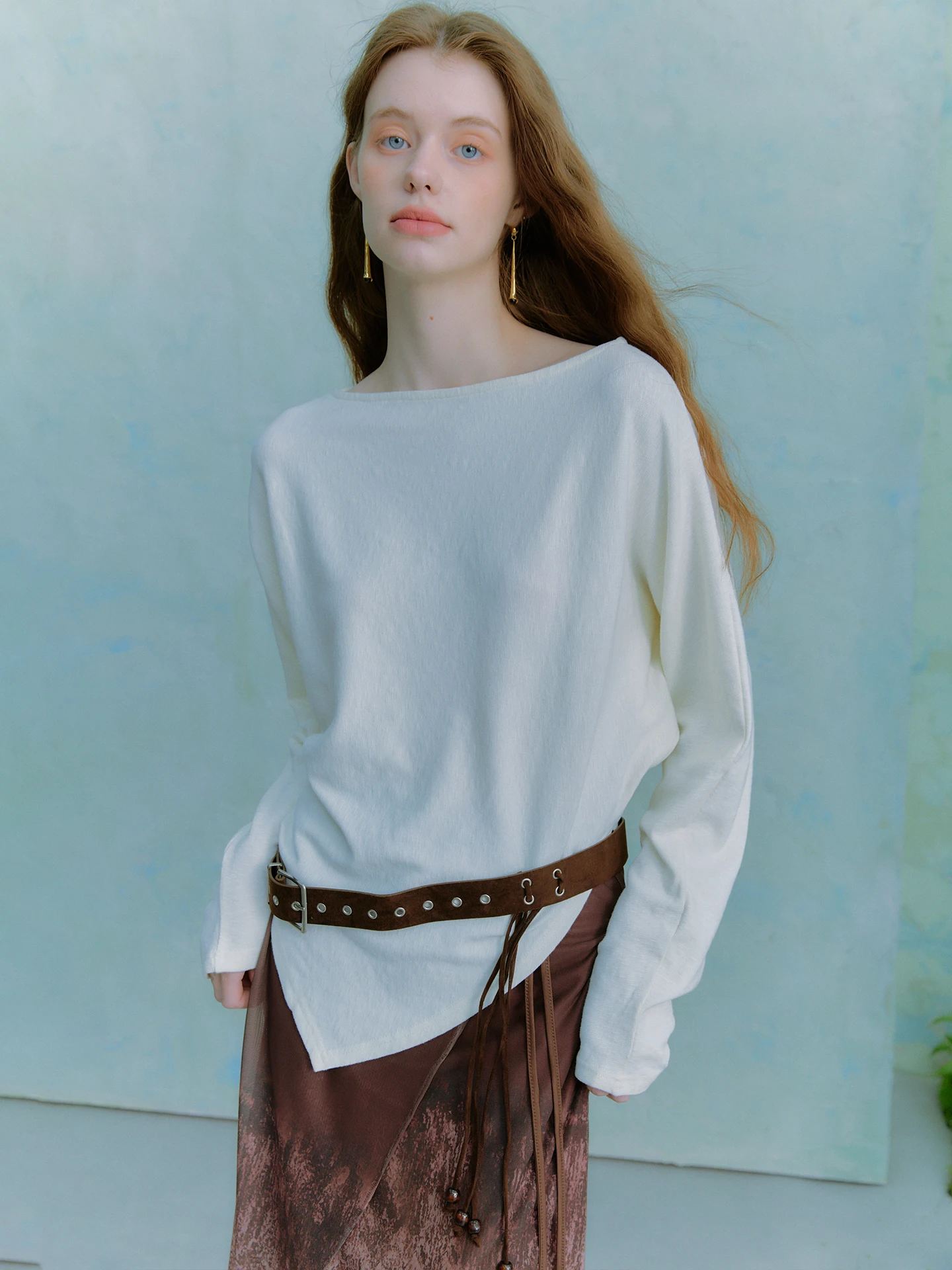 

Oz 'Brow Wind Wrap' Loose Batwing Sleeve One-Shoulder Knitted Top with Belt Asymmetrical Women's Spring Fashion
