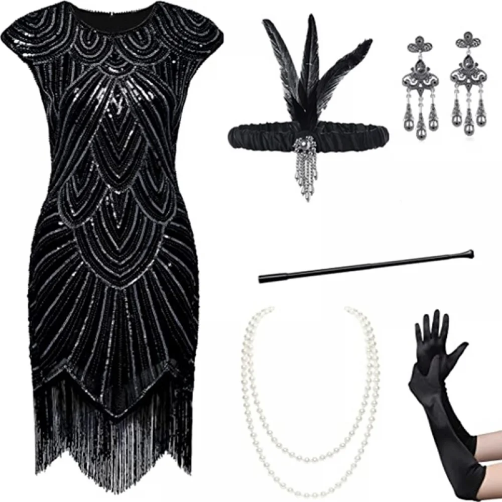 

1920S Great Gatsby Women Sequin Beaded Fringed Flapper Dress 20S Accessories Set Retro Ladies Evening Party Gown Outfit