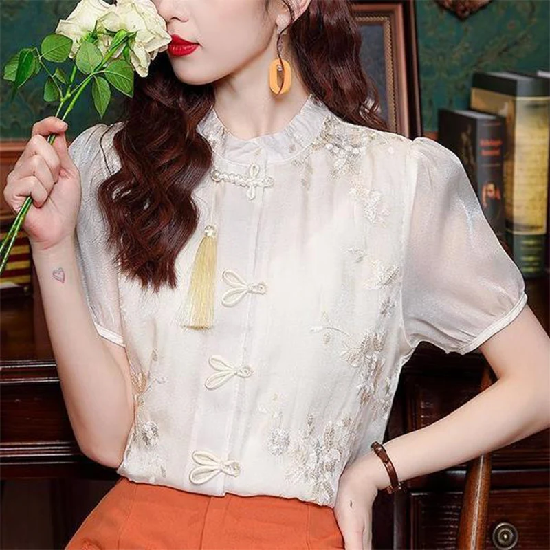 Spring Summer Chinese Style Vintage Embroidery Frog Elegant Fashion Shirt Lady Long Sleeve Stand Collar Tassel White Blouse Top