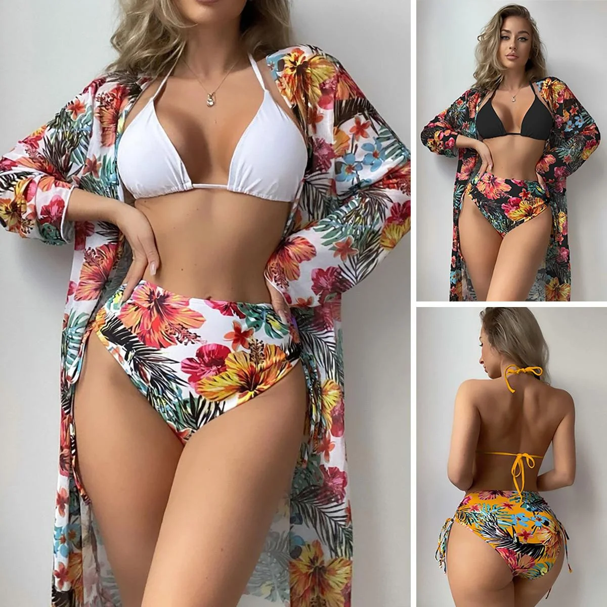 Bikini push up a triangolo sexy con copertura in rete con stampa floreale Costume da bagno a 3 pezzi Costumi da bagno da donna Costumi da bagno estivi Abbigliamento da spiaggia