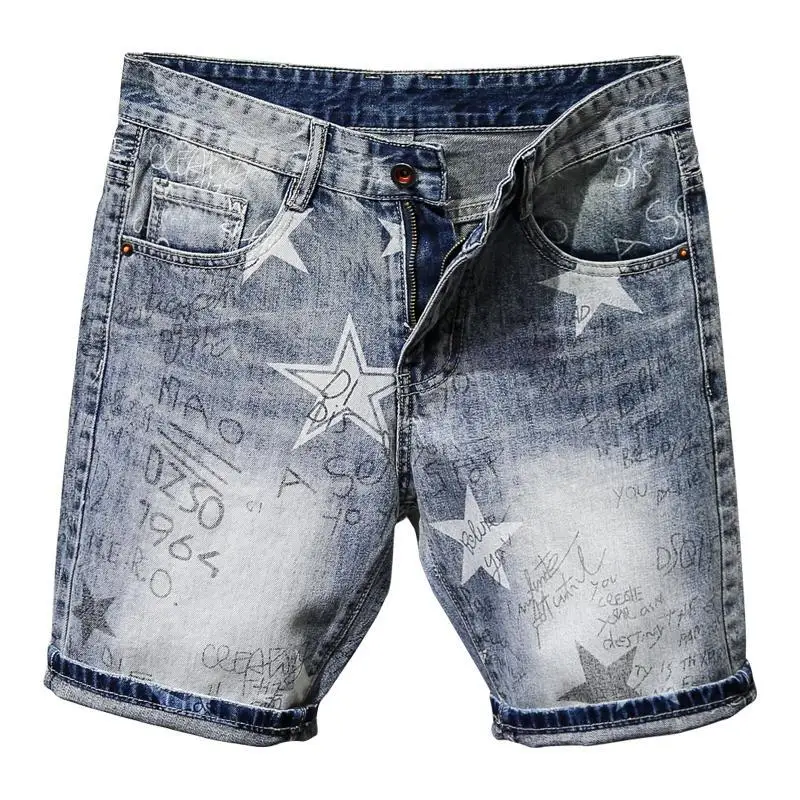 2024 New Arrival Men's Denim Shorts with Unique Print Distressed and Slim Designer Knee Length Summer Casual Washed Short Jeans