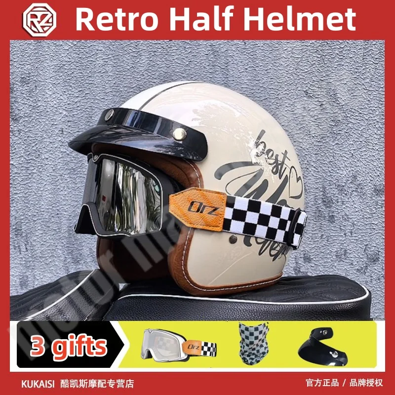 ORZ Retro Motorcycle Helmet Cruising Off-road Half Helmet American Locomotive 3/4 Helmet Four Season Universal with Goggles