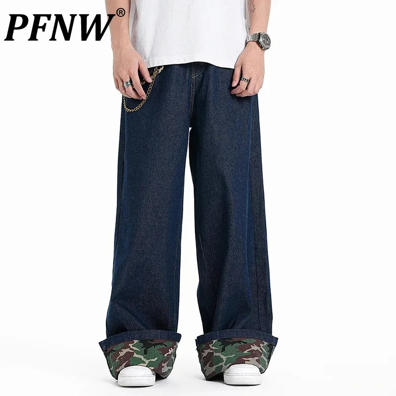 

PFNW Male Denim Pants New High Street Trouser Leg Cuffed Contrast Color Straight Loose Jeans Autumn 2024 Chic Trendy 28W3957