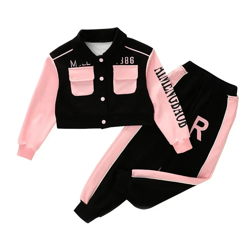 Girls Suit Autumn Children's Clothes Short Jacket+Pants 2pcs Casual Kids Sets Teen Long-sleeved Letter Color Splicing Tracksuit