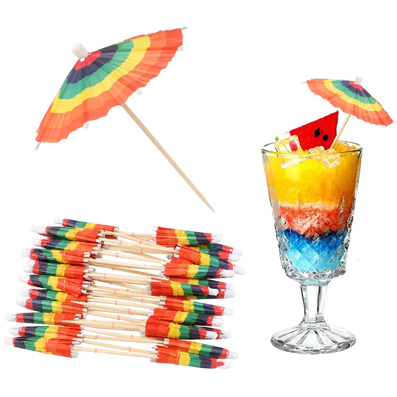 Hawaiianische Papier-Regenschirm-Cocktail-Picks, Cupcake-Topper für den Sommer, tropische Geburtstagsfeier, Dekoration, Zubehör, Lebensmittel-Obst-Picks