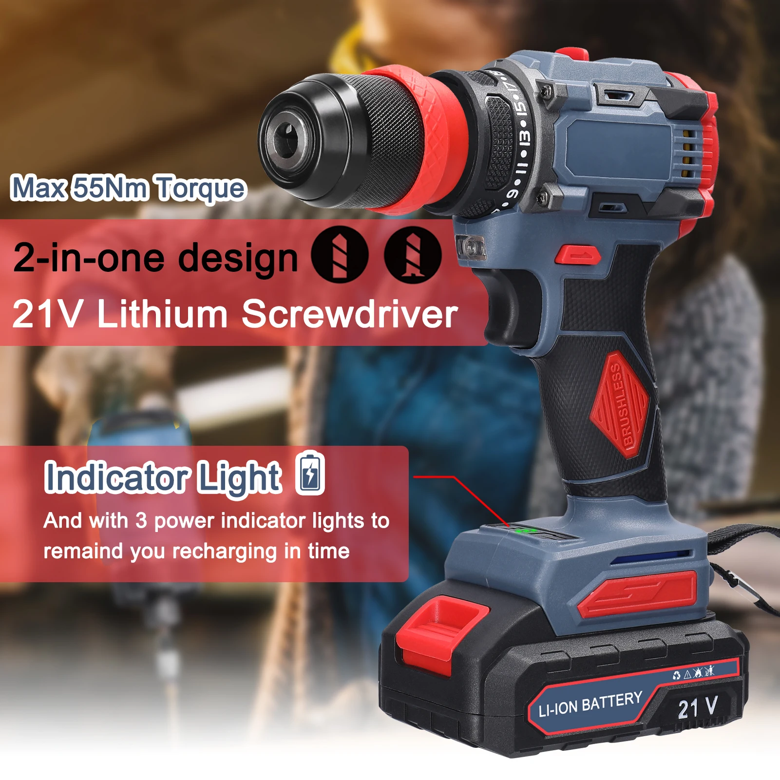 21V 2in1 Lithium-Bohrmaschine Elektroschrauber Multifunktions-Elektrowerkzeug 55Nm Drehmoment