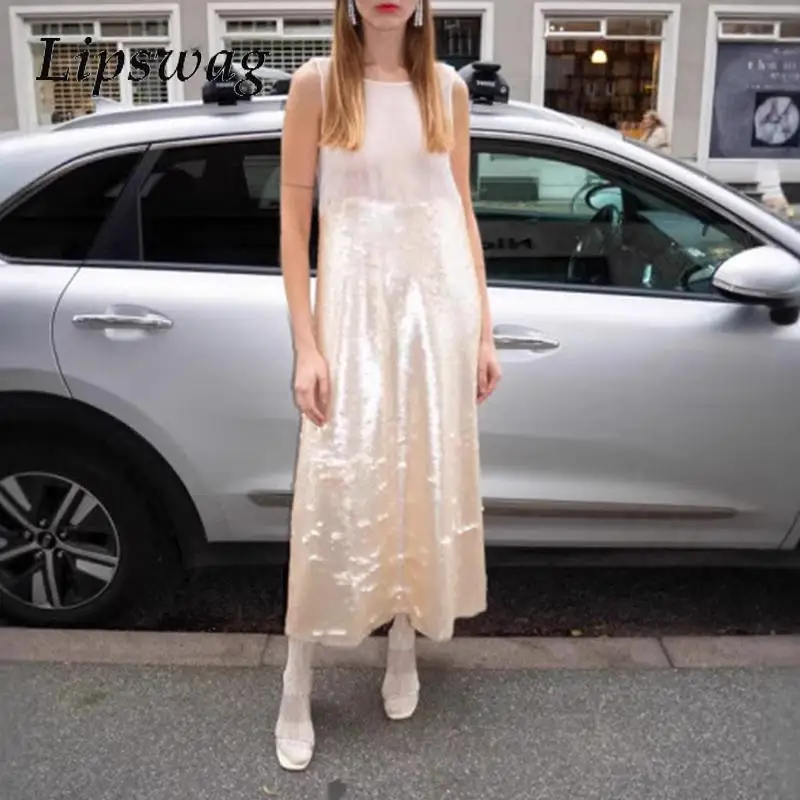Elegantes Glitzer-Pailletten-loses Tank-Kleid, modisches Temperament, Patchwork, solides Bankettkleid, lässiges O-Ausschnitt, ärmelloses langes Kleid